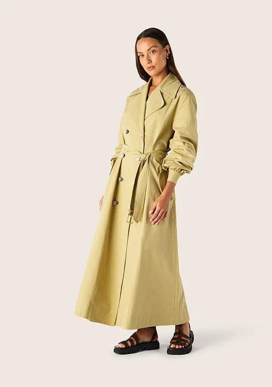 Image of a model wearing Outerwear. Productname: Arena Trench Coat| MOS The Label in Moss colour by brand - MOS The Label