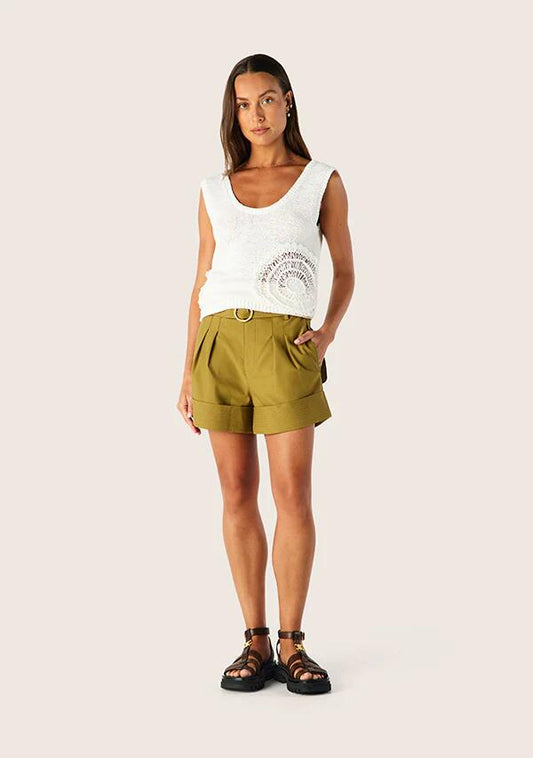 Image of a model wearing Shorts. Productname: Carmelita Shorts | MOS The Label in Moss colour by brand - MOS The Label