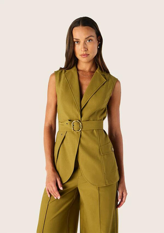 Image of a model wearing Tops. Productname: Carmelita Vest in Moss colour by brand - MOS The Label