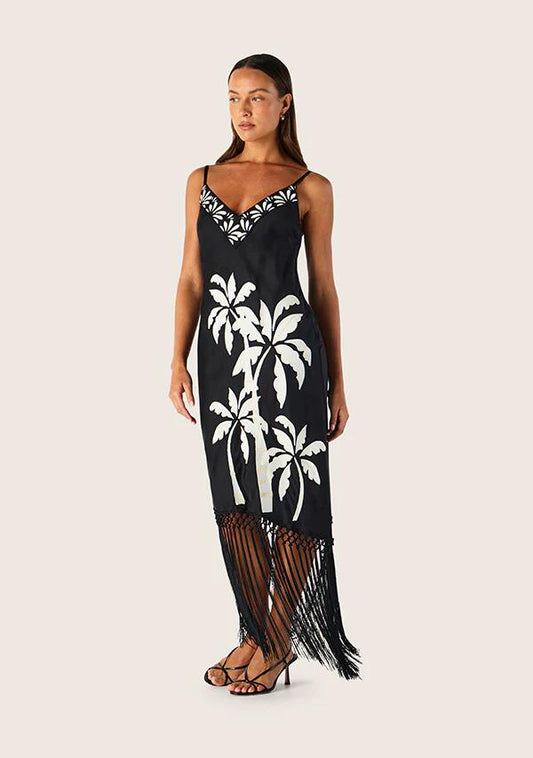 Image of a model wearing Dress. Productname: Kala Embrodiery Strappy Dress in Black colour by brand - MOS The Label