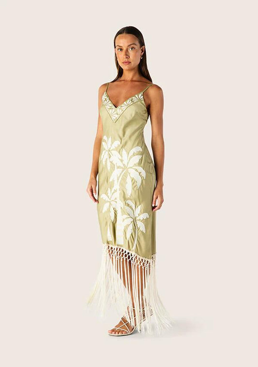 Image of a model wearing Dress. Productname: Kala Embrodiery Strappy Dress in Olive colour by brand - MOS The Label