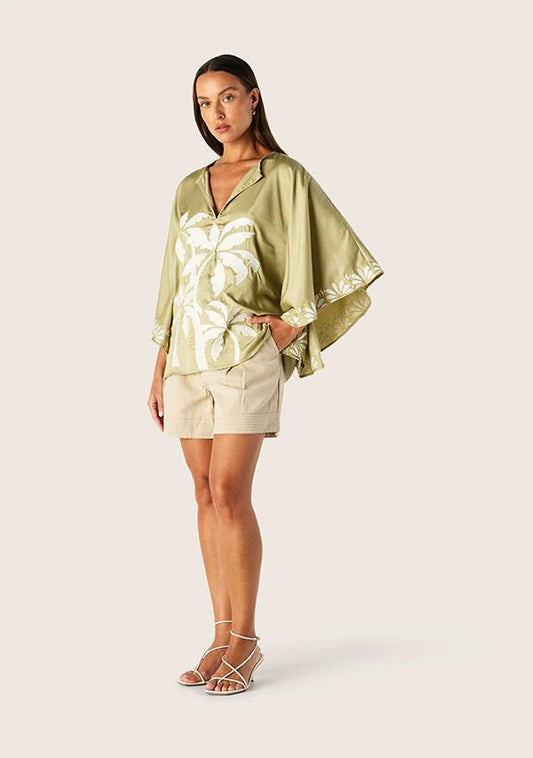 Image of a model wearing Tops. Productname: Kala Embroidery Top in Olive colour by brand - MOS The Label