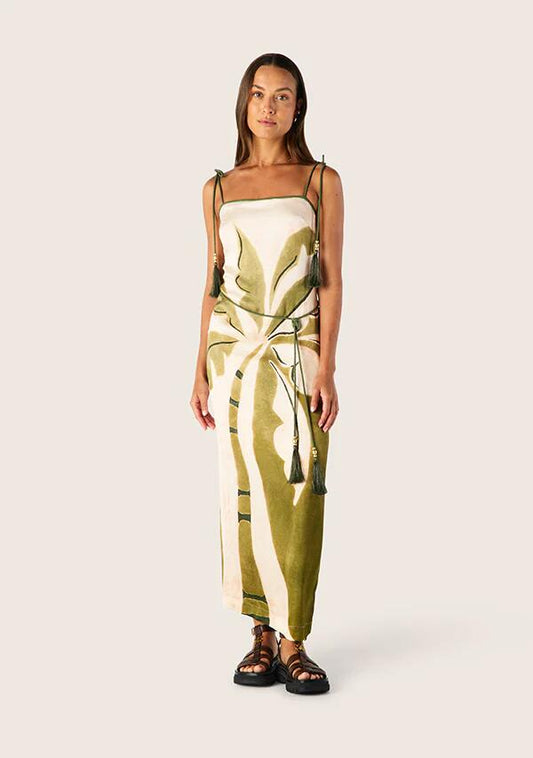 Image of a model wearing Dress. Productname: Lorena Midi Dress in Lorena Print colour by brand - MOS The Label