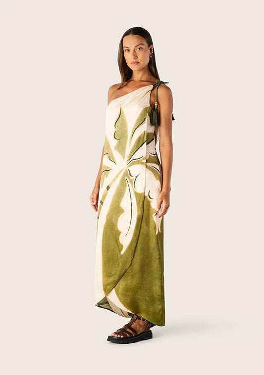 Image of a model wearing Dress. Productname: Lorena One Shoulder Dress in Lorena Print colour by brand - MOS The Label