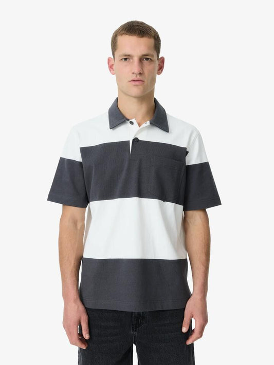 Image of a model wearing Tops. Productname: Article One Cawley Boxy Polo in Blk/Wht Stripe colour by brand - Article One