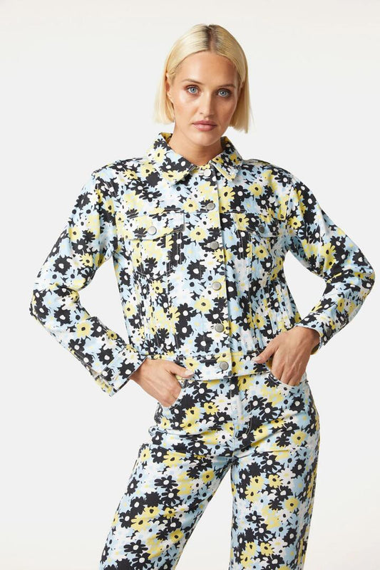 Image of a model wearing Outerwear. Productname: Micro Floral Denim Jacket in Blue colour by brand - Gorman