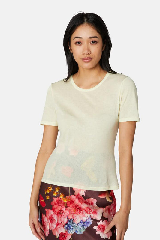 Image of a model wearing Tops. Productname: Butter Tee in Yellow colour by brand - Gorman