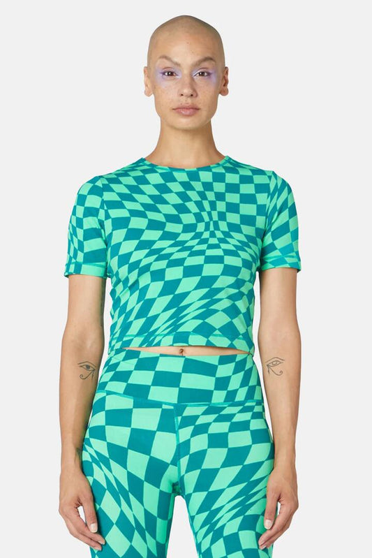 Image of a model wearing Tops. Productname: Warped Check Active Tee in Green colour by brand - Gorman