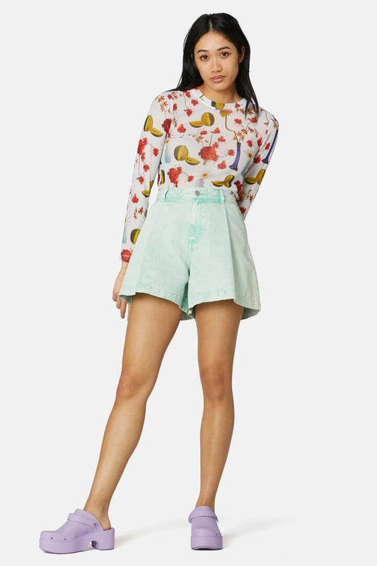 Image of a model wearing Shorts. Productname: Audrey Denim Short in Mint colour by brand - Gorman