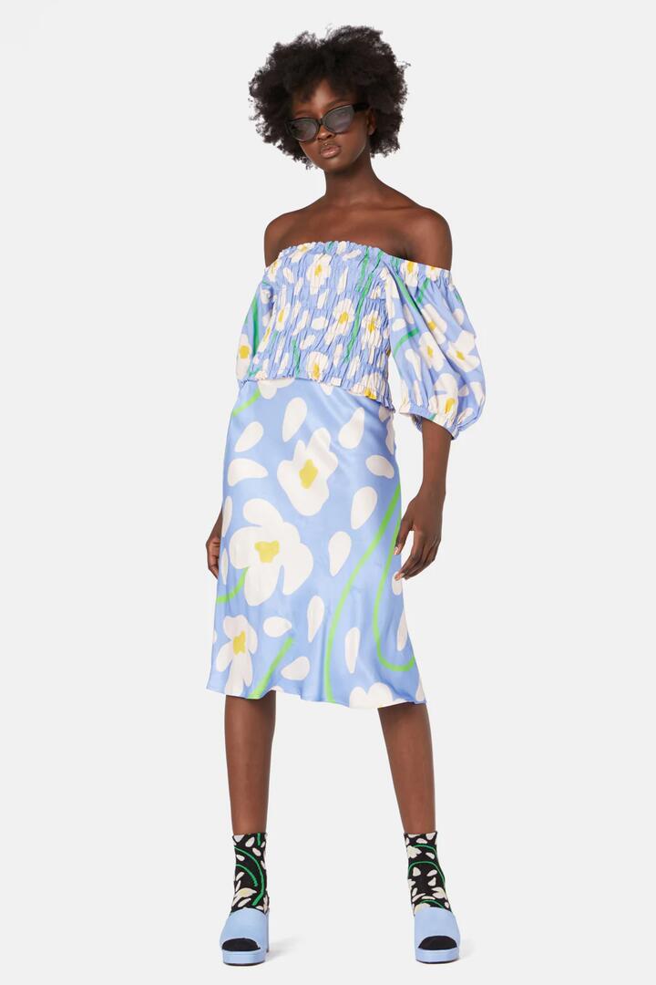 Image of a model wearing Tops. Product name - Day Flowers Crop Top in Cornflower colour by brand - Gorman