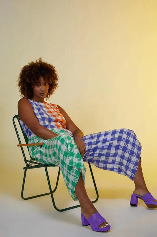 Image of a model wearing Pants. Productname: Gingham Glow Pantsuit in Print colour by brand - Gorman