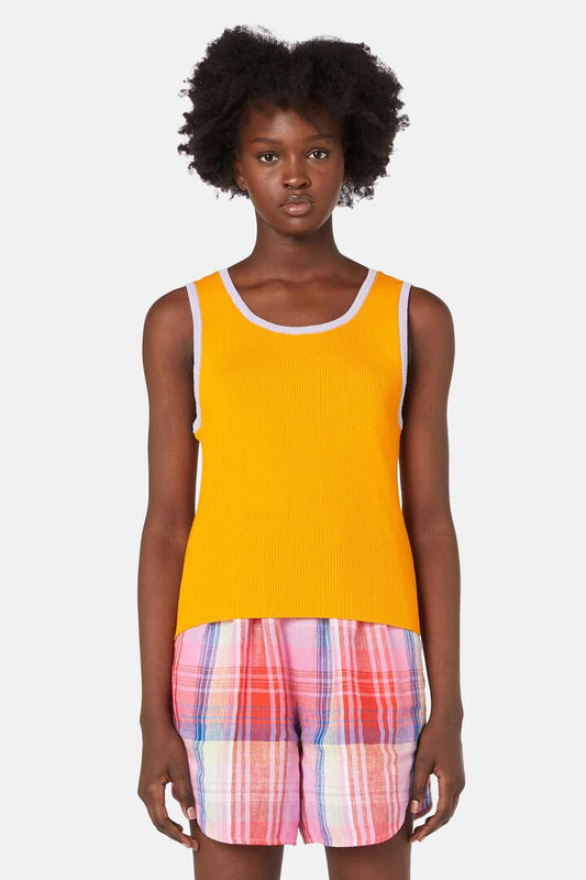 Image of a model wearing Tops. Productname: Splice Crop Knit Tank in Orange colour by brand - Gorman