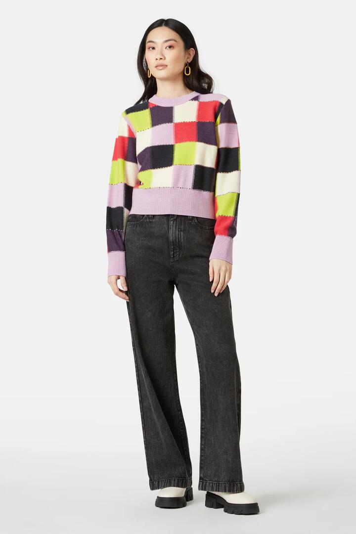 Image of a model wearing Outerwear. Product name - Patch That Jumper in Check colour by brand - Gorman