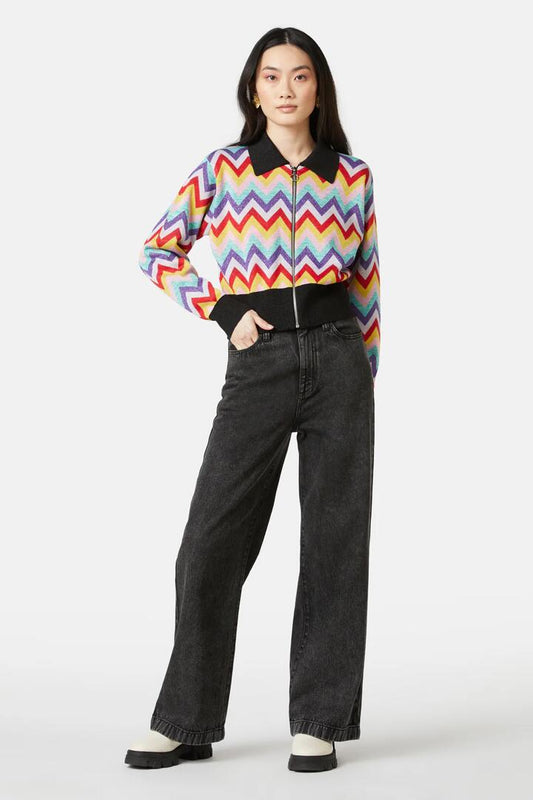 Image of a model wearing Outerwear. Productname: Chevron Lurex Knit Jacket in Multi colour by brand - Gorman