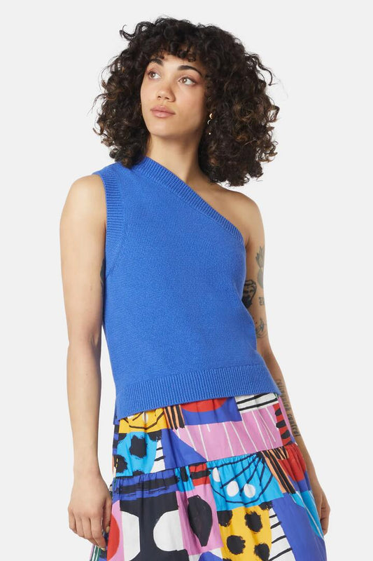 Image of a model wearing Tops. Productname: Ciao Bella Knit Tank in Blue colour by brand - Gorman