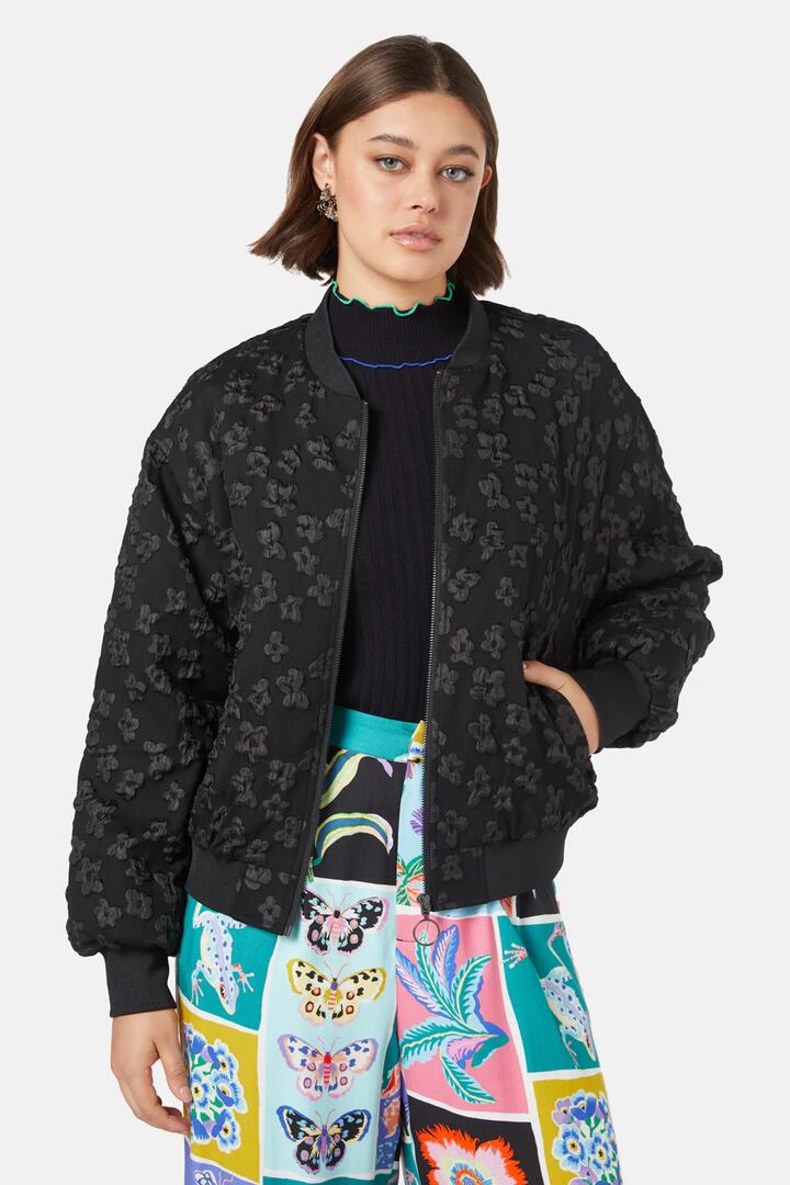 Image of a model wearing Outerwear. Productname: Darbey Bomber Jacket in Black colour by brand - Gorman