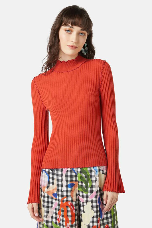 Image of a model wearing Tops. Product name - Oak Leaf Knit Top in Rust colour by brand - Gorman
