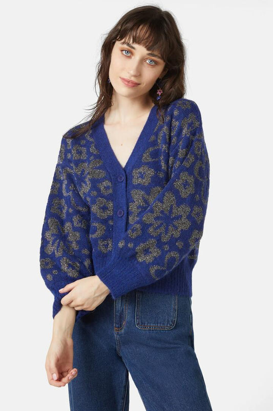 Image of a model wearing Outerwear. Productname: Flower Dust Cardi in Navy colour by brand - Gorman