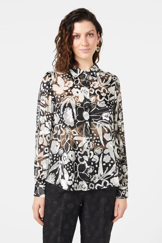 Image of a model wearing Tops. Productname: Snow Day Frilly Shirt in Print colour by brand - Gorman