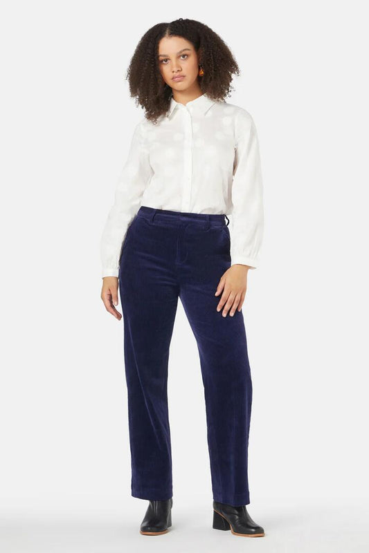 Image of a model wearing Pants. Product name - Orlando Cord Pant in Navy colour by brand - Gorman