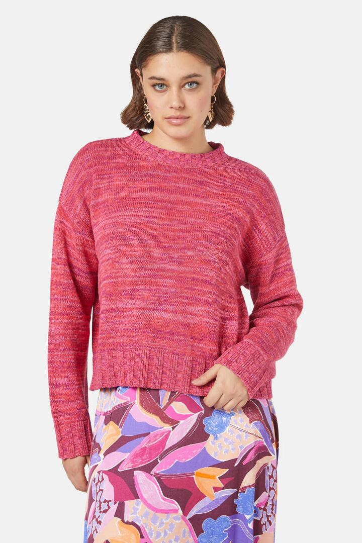 Image of a model wearing Outerwear. Product name - Almandine Jumper in Pink colour by brand - Gorman