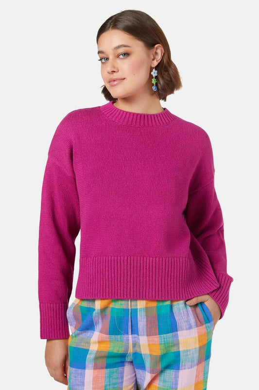 Image of a model wearing Outerwear. Productname: Charlie Jumper in Berry colour by brand - Gorman