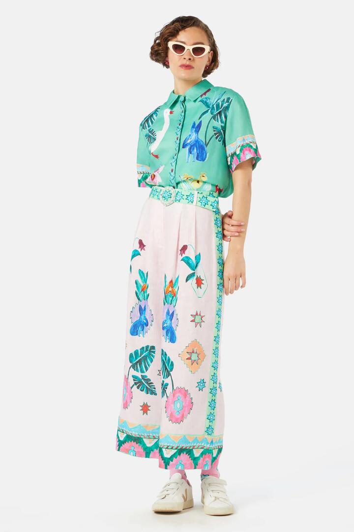 Image of a model wearing Pants. Product name - Magic Carpet Placement Pant in Print colour by brand - Gorman