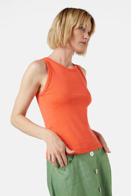 Image of a model wearing Tops. Product name - Chloe Rib Tank in Yellow colour by brand - Gorman