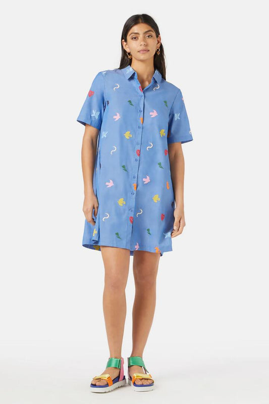 Image of Dresses. Productname: Birds And Flowers Embroidered Dress in Blue colour by brand - Gorman