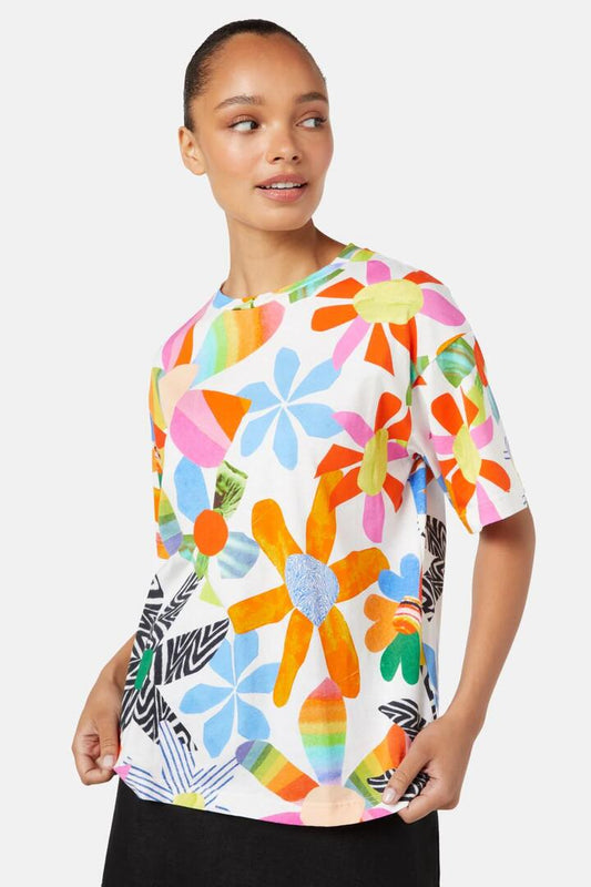 Image of a model wearing Tops. Productname: Rainbow Flower Tee in Print colour by brand - Gorman