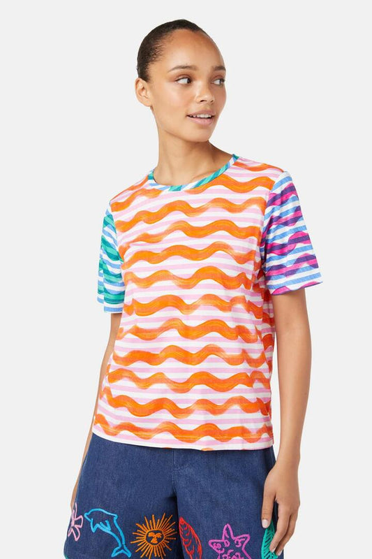 Image of a model wearing Tops. Productname: Squiggle Stripe Tee in Stripe colour by brand - Gorman