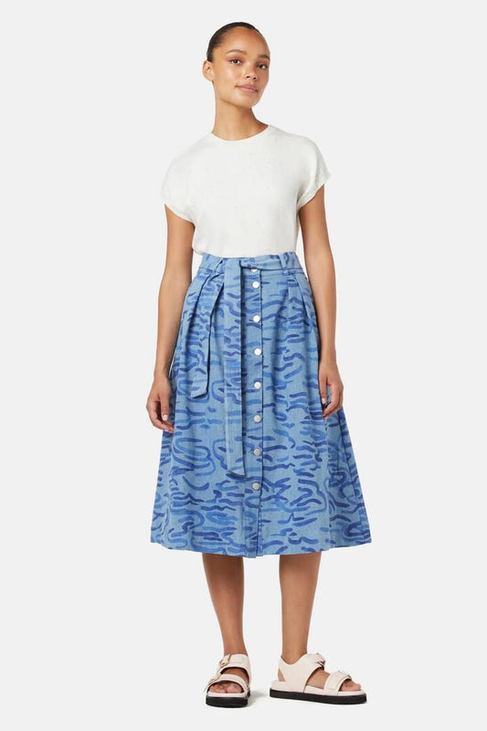 Image of a model wearing Skirts. Productname: Wave After Wave Midi Skirt in Denim colour by brand - Gorman