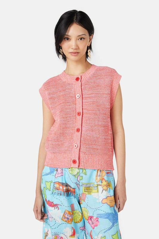 Image of a model wearing Tops. Productname: Camden Crochet Tank in Red colour by brand - Gorman