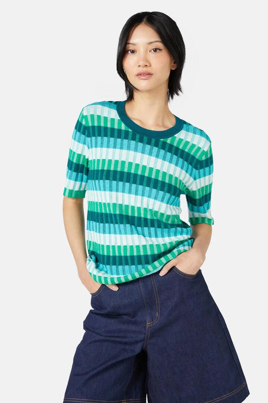 Image of a model wearing Tops. Productname: Kit Kat Knit Top in Green colour by brand - Gorman