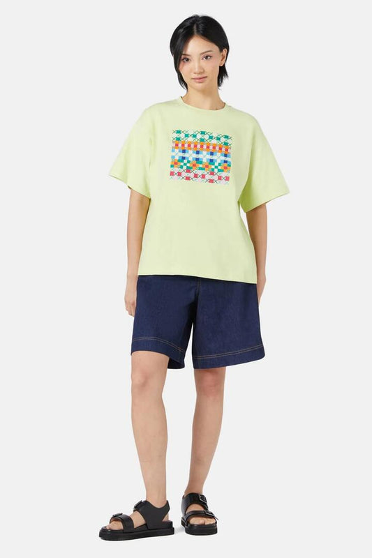 Image of a model wearing Tops. Productname: Gingham Garden Stitch Tee in Print colour by brand - Gorman