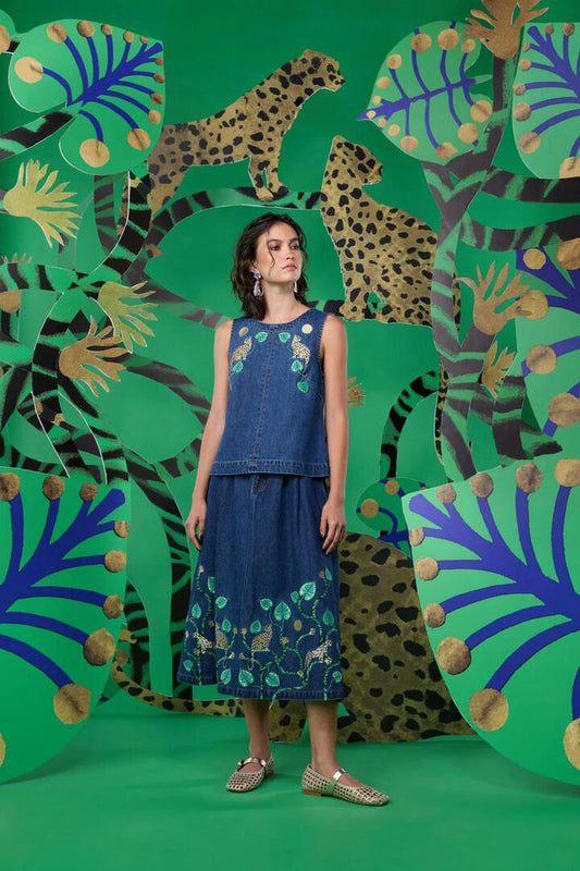 Image of a model wearing Skirts. Productname: Guardians Denim Skirt in Denim colour by brand - Gorman