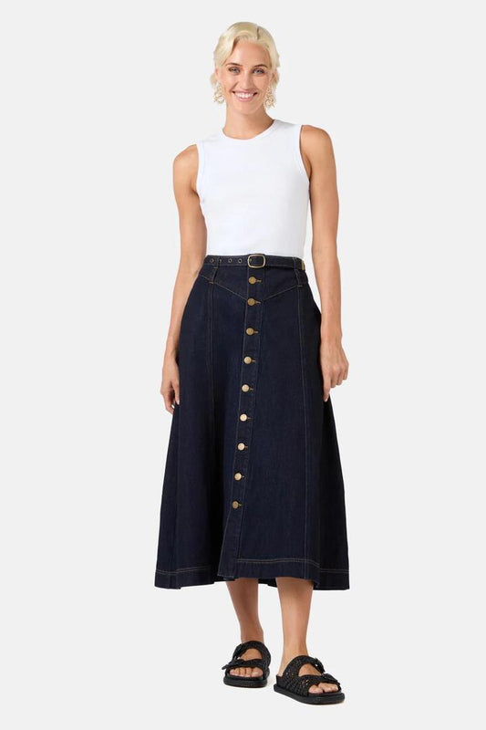 Image of a model wearing Skirts. Productname: Juniper Denim Skirt in Indigo colour by brand - Gorman