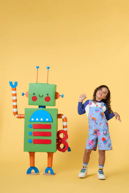Image of a model wearing Pants. Productname: Robots Kids Overalls in Denim colour by brand - Gorman