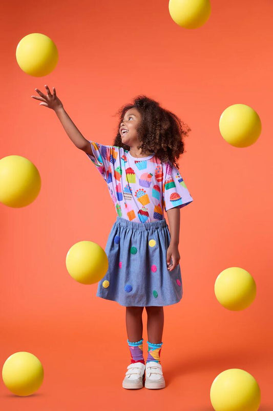 Image of a model wearing Skirts. Productname: Confetti Kids Skirt in Denim colour by brand - Gorman
