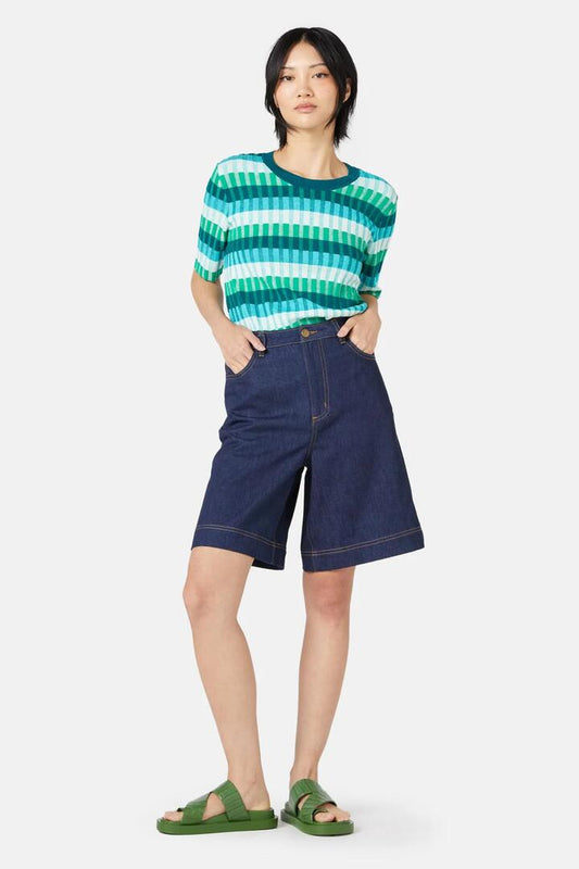 Image of a model wearing Shorts. Productname: Soleil Denim Shorts in Indigo colour by brand - Gorman