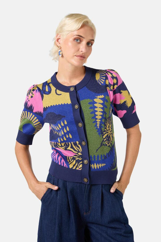 Image of a model wearing Outerwear. Productname: Stamp Collecting Cardigan in Multi colour by brand - Gorman