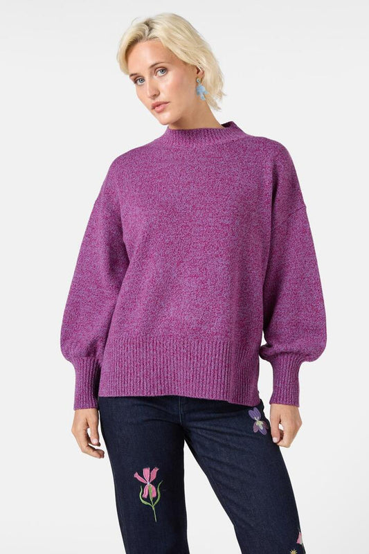 Image of a model wearing Outerwear. Productname: Zoe Jumper in Plum colour by brand - Gorman