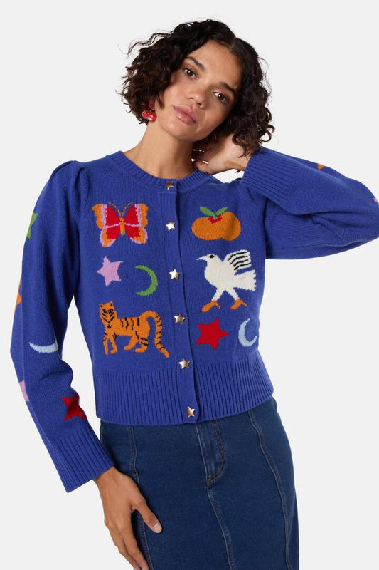 Image of a model wearing Outerwear. Product name - Fantasy Patchwork Cardigan in Multi colour by brand - Gorman
