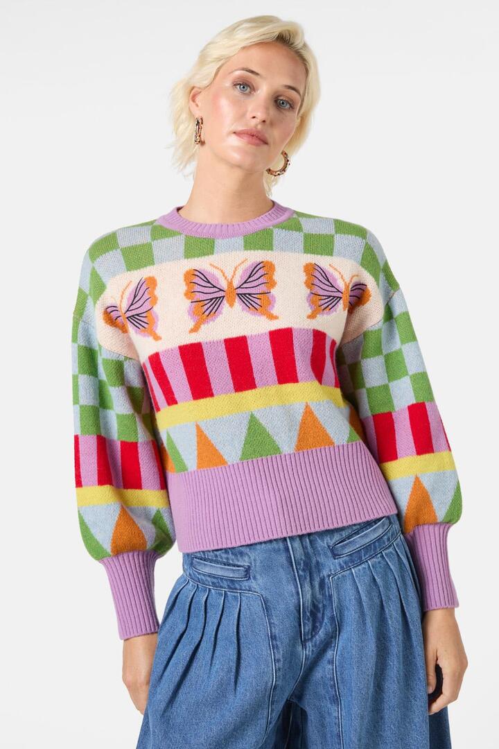 Image of a model wearing Outerwear. Product name - Fantasy Patchwork Jumper in Multi colour by brand - Gorman