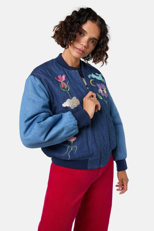 Image of a model wearing Outerwear. Productname: Daydream Emb Bomber in Denim colour by brand - Gorman