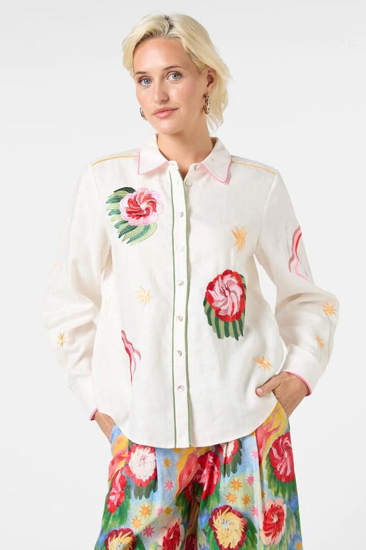 Image of a model wearing Tops. Productname: The Comet Embroidered Shirt in Cream colour by brand - Gorman