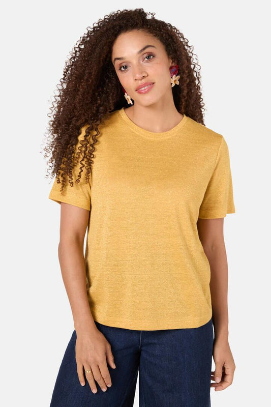 Image of a model wearing Tops. Productname: Lurex Hemp Tee in Gold colour by brand - Gorman
