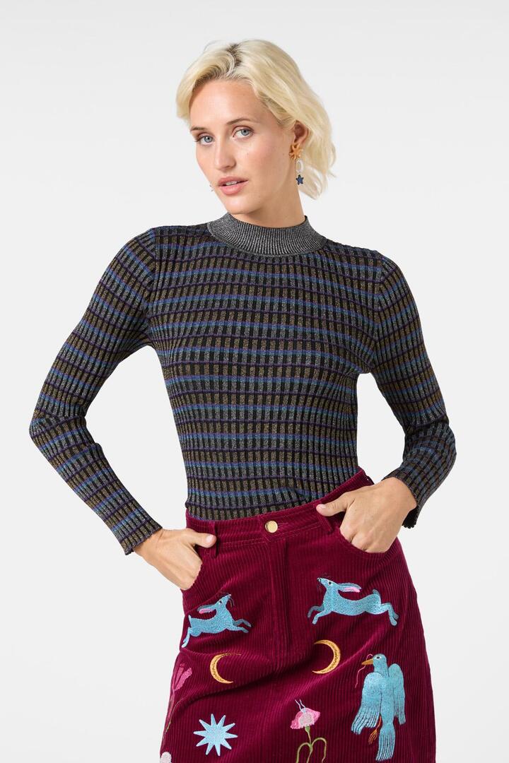 Image of a model wearing Outerwear. Product name - Star Gazing Knit Top in Stripe colour by brand - Gorman