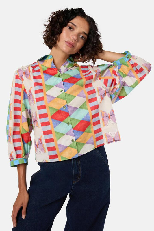 Image of a model wearing Tops. Productname: Fantasy Patchwork Shirt in Print colour by brand - Gorman