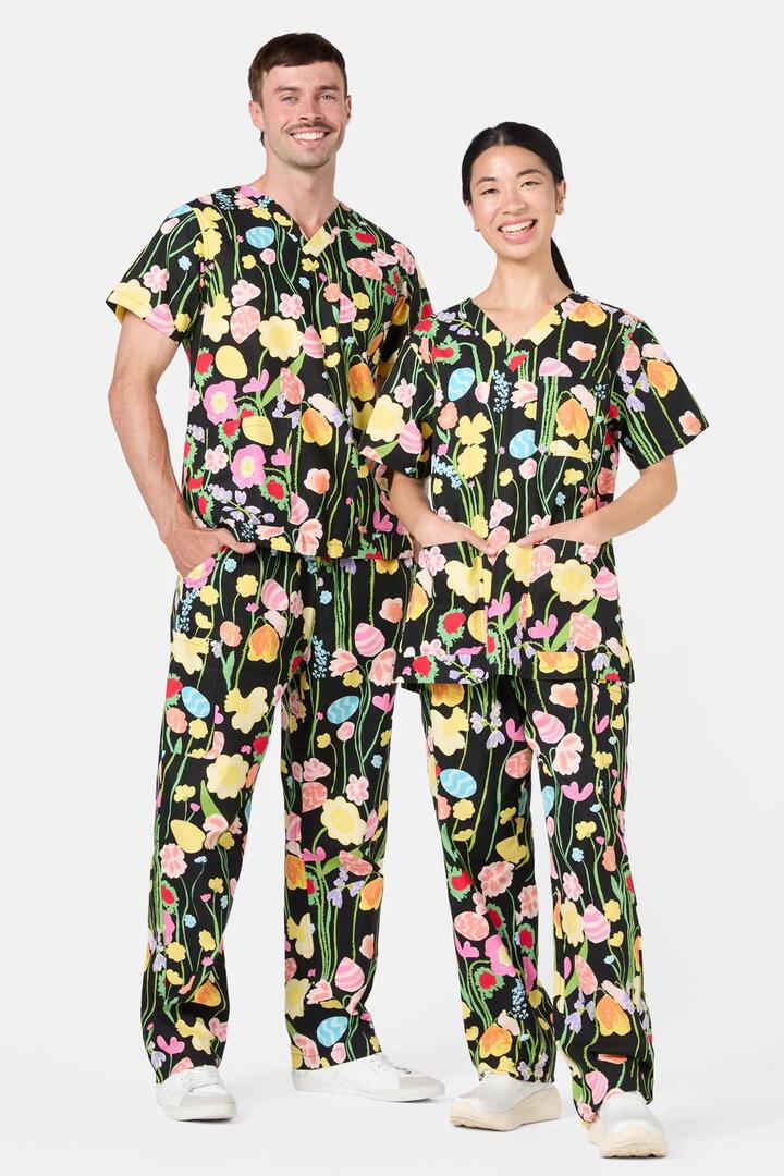 Image of a model wearing Uniforms & Workwear. Productname: Easter Garden Scrub Set in Black colour by brand - Gorman